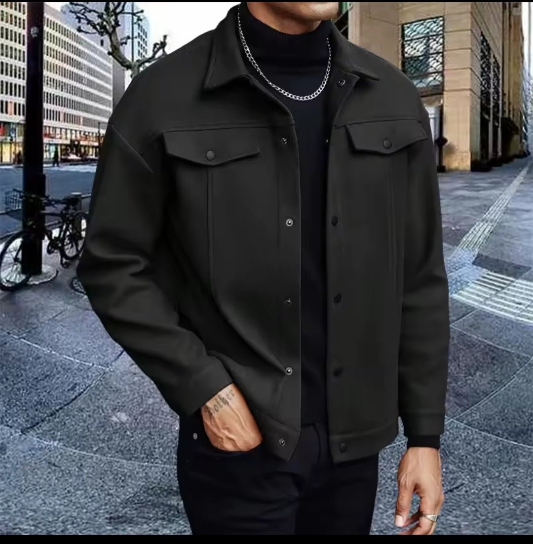 Men's Wool Collar Short Jacket – Business Casual Cardigan with Chest Pocket - GLITCH - BELLE