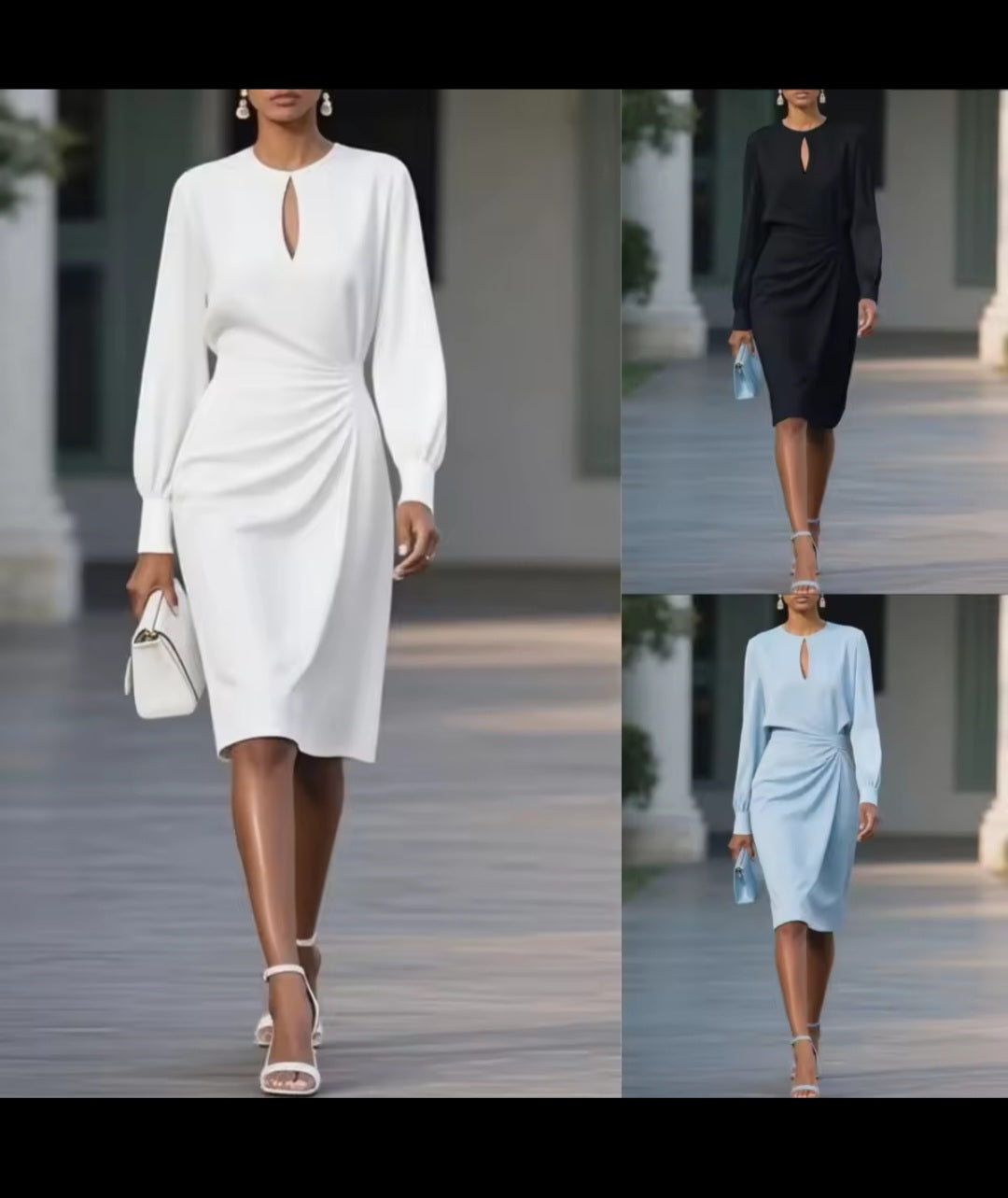 Three images of a woman wearing different colored dresses outdoors.