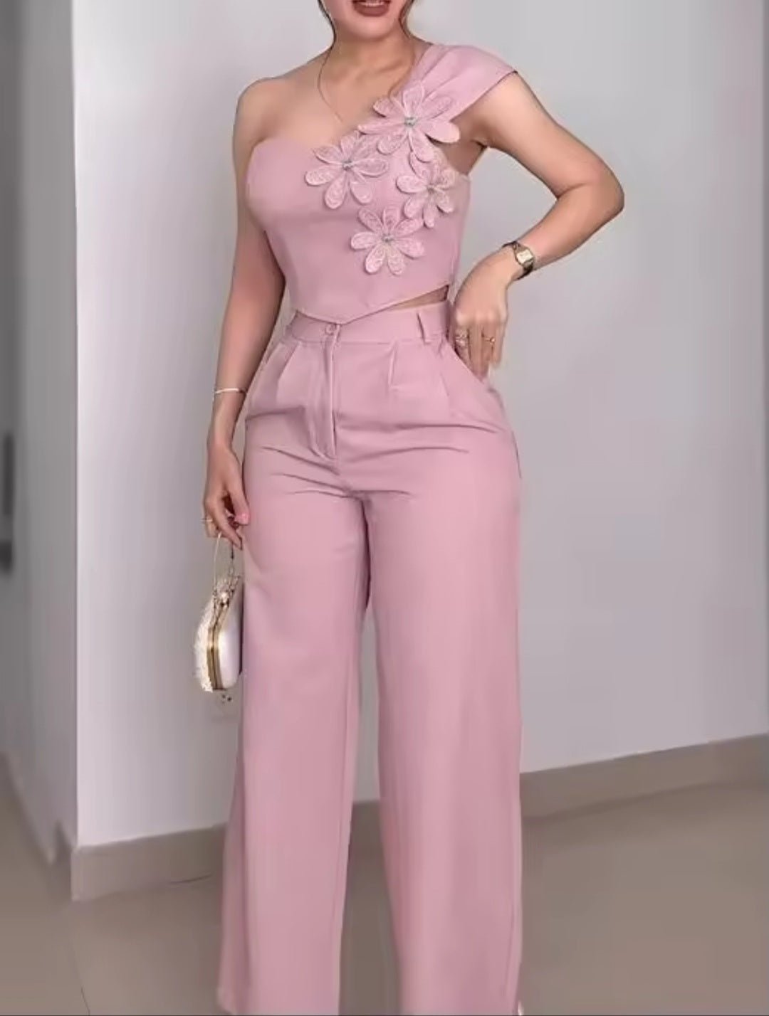 Rhinestone 3D Floral One Shoulder Sleeveless Shirred Back Top & High Waist Wide Leg Pants 2 - Piece Set - GLITCH - BELLE