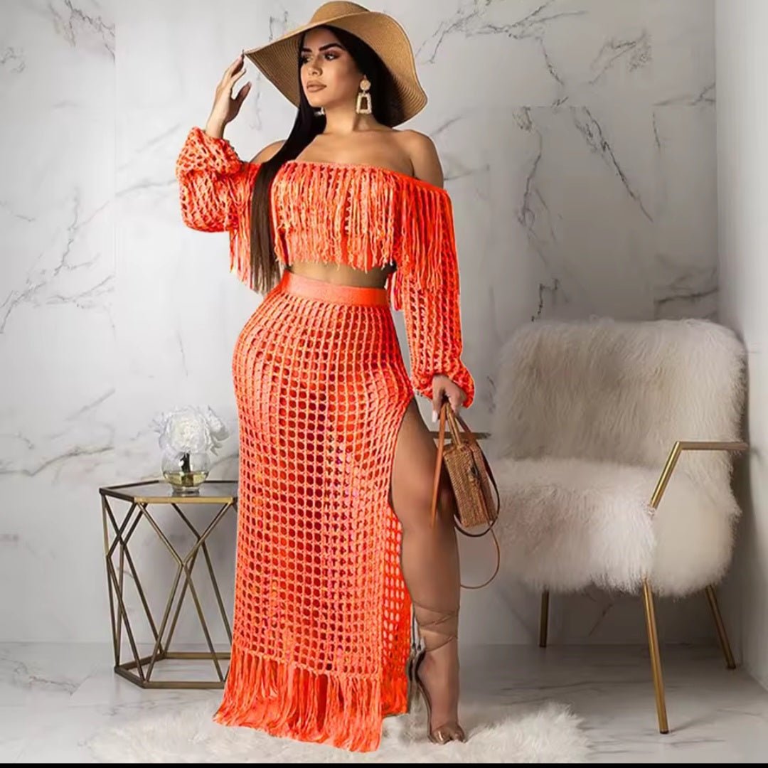 Skirt 2 Piece Set Women Beach Long Skirts Suit Top Off Shoulder Tassels Sexy Hollow Out Ensemble 2025 Summer Female Outfits - GLITCH - BELLE