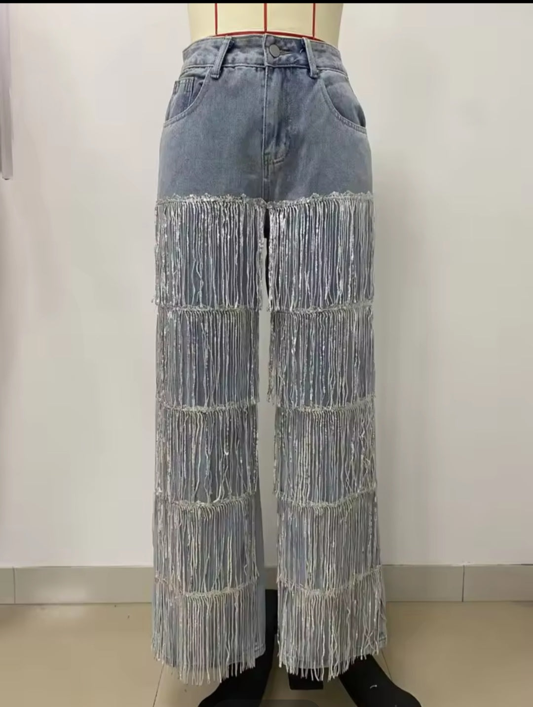 Women's Fringe Straight-Leg Jeans – Mid-Waist Casual Denim Pants