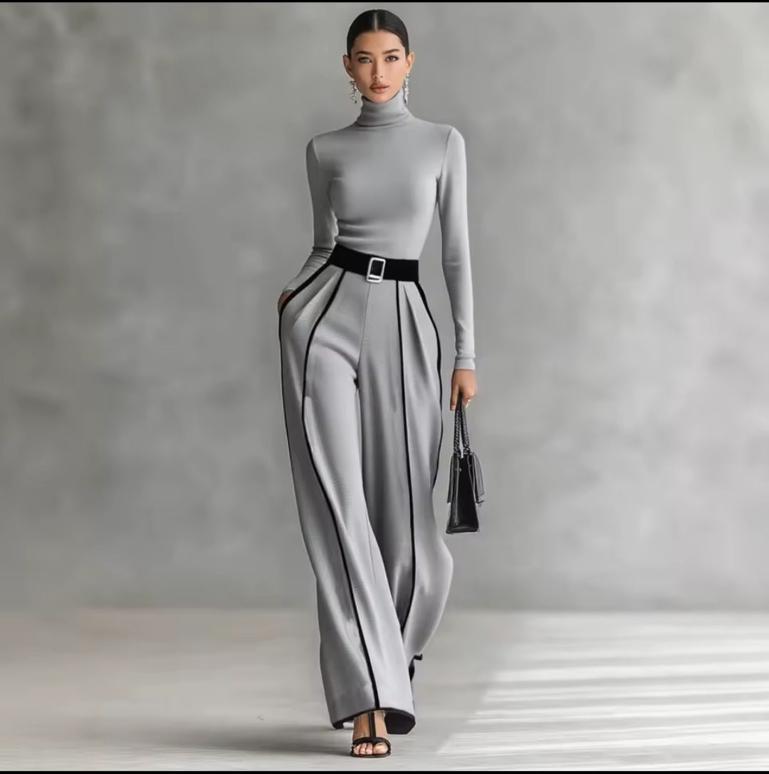 Spring Women's Color Matching Two - Piece Set – High Neck Slim Top & Wide - Leg Pants Suit - GLITCH - BELLE