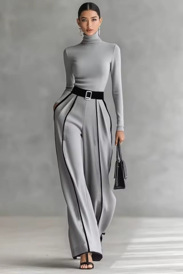 Spring Women's Color Matching Two-Piece Set – High Neck Slim Top & Wide-Leg Pants Suit - GLITCH-BELLE