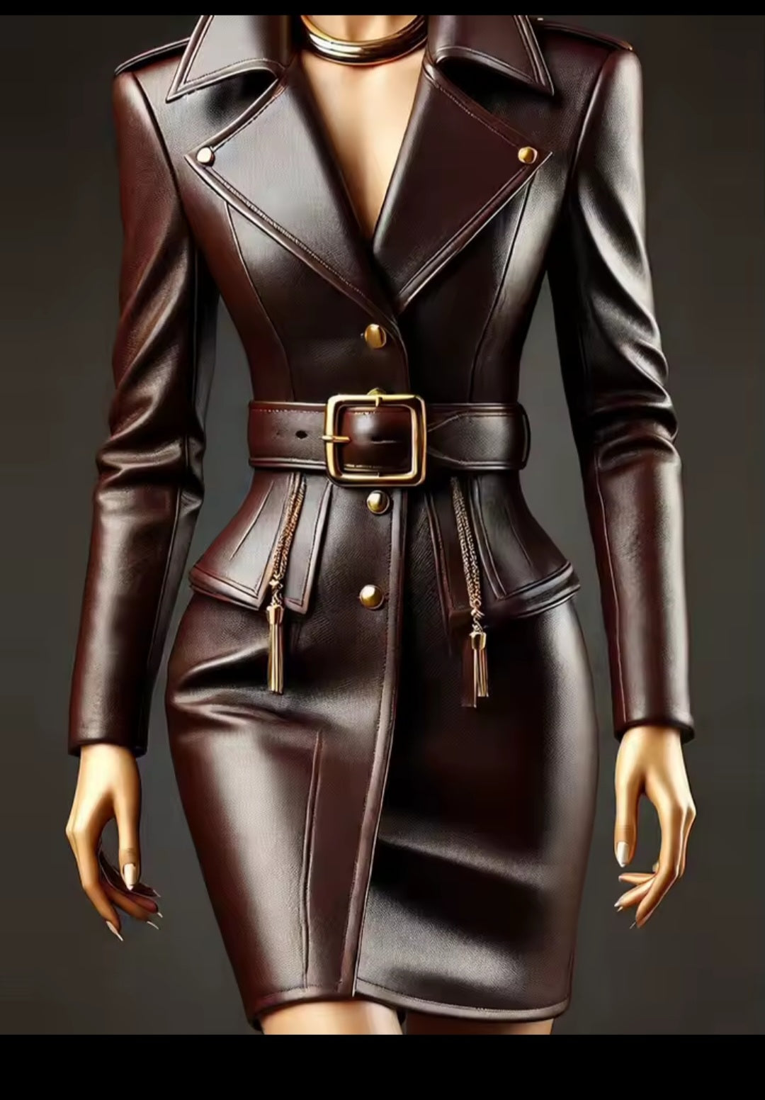 Brown leather coat with belt on a dark background