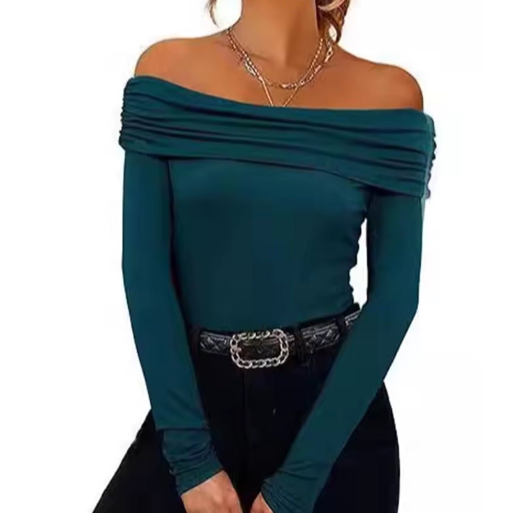Off - Shoulder Long Sleeve Slim Blouse – Women's Bardot Fitted Top - GLITCH - BELLE