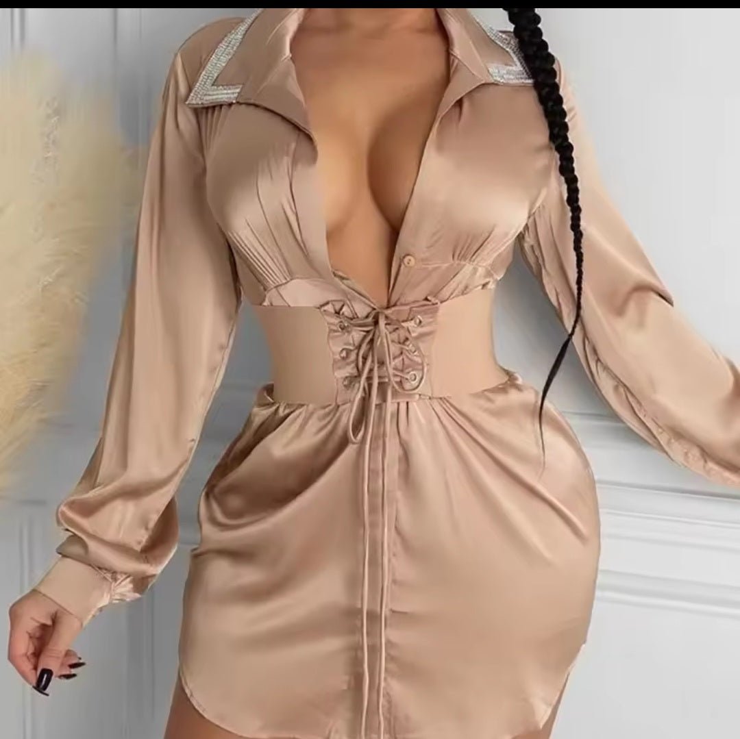 Slim High Waist Bandage Mini Dress – Women's Sexy Long Sleeve Turn - Down Collar Spring Summer Dress - GLITCH - BELLE