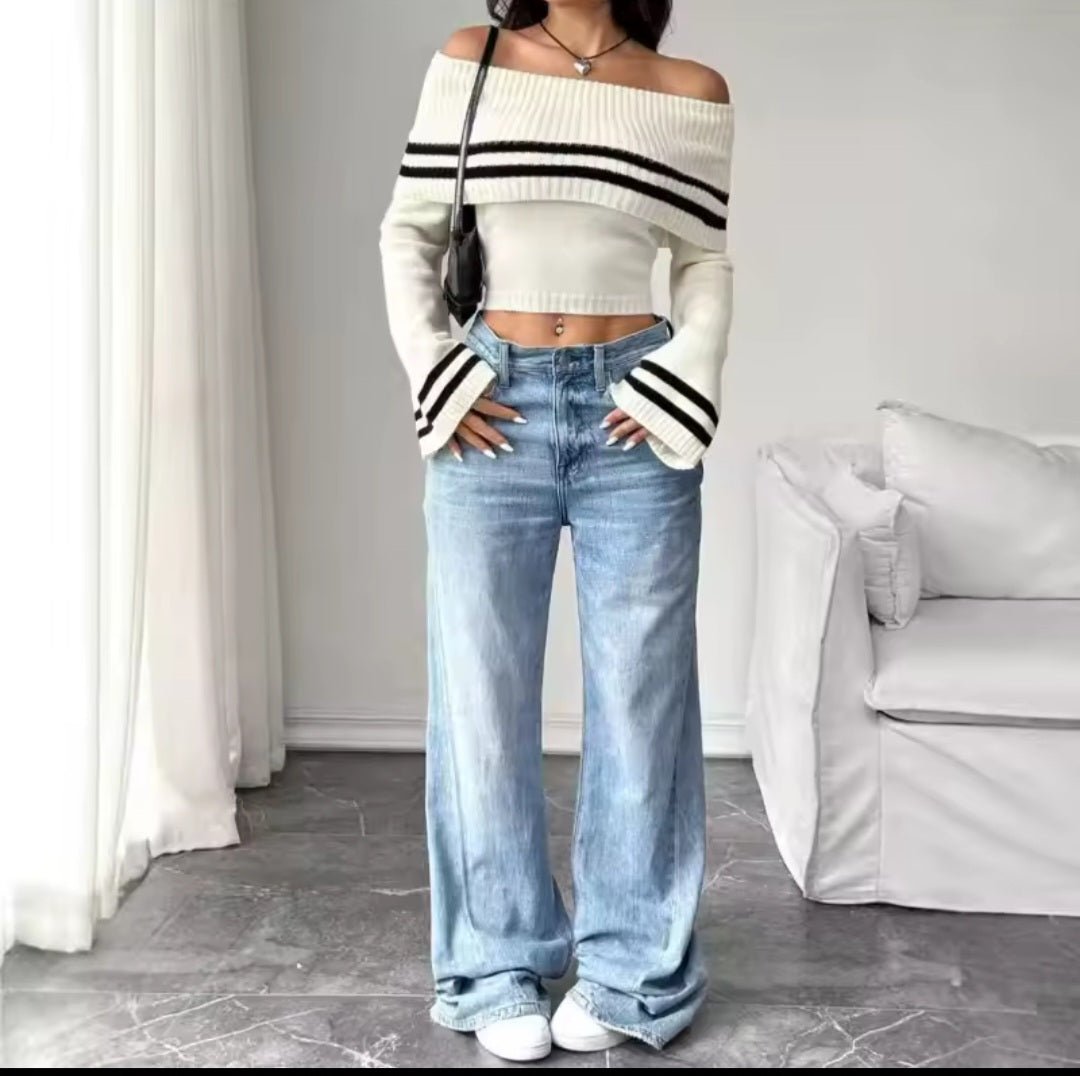 One - Shoulder Bell Sleeve Crop Sweater – Women's Striped Knit Pullover Top - GLITCH - BELLE
