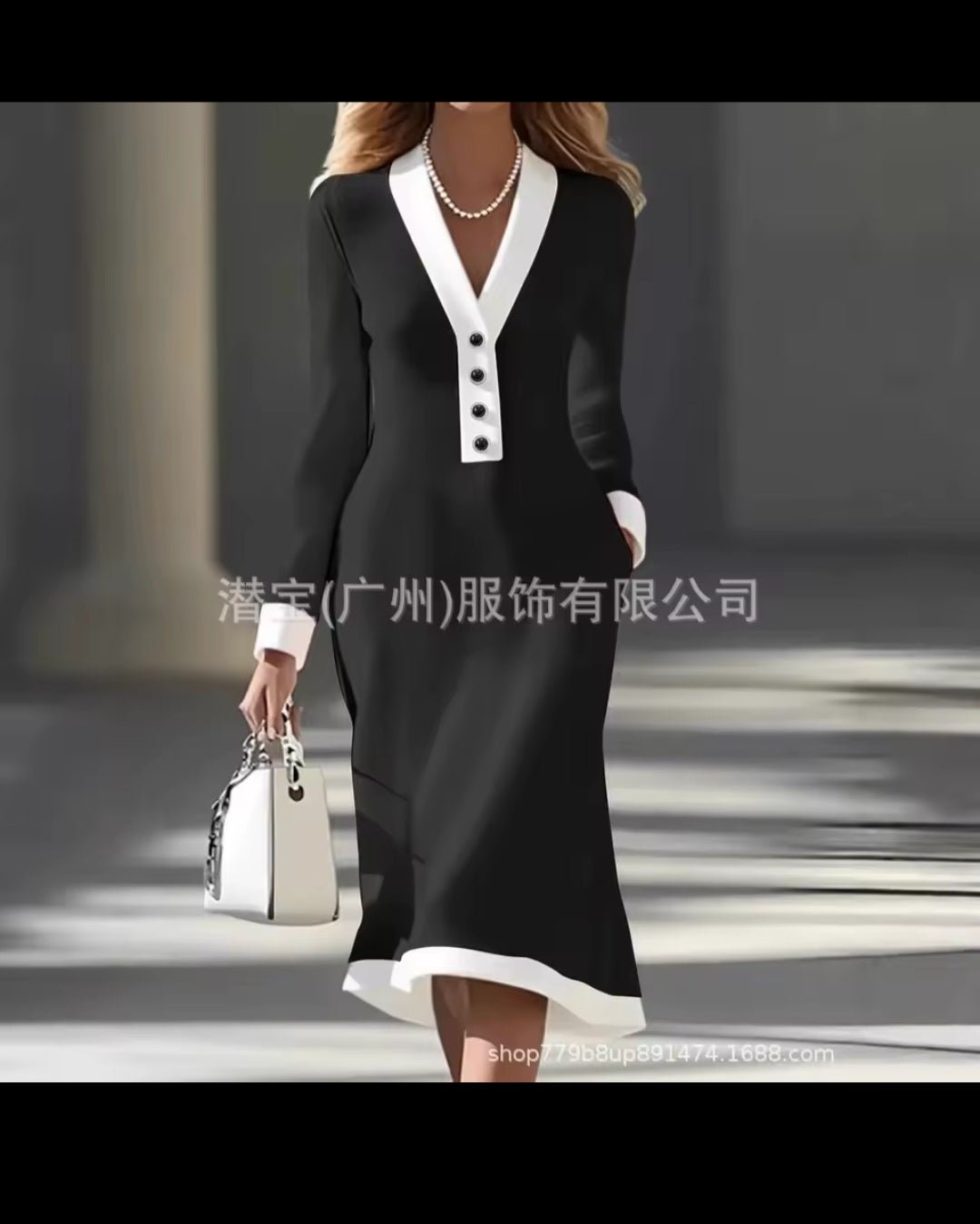 Color - Block Button V - Neck Long Sleeve Slim Maxi Dress – Women's Elegant Office Dress 2026 - GLITCH - BELLE
