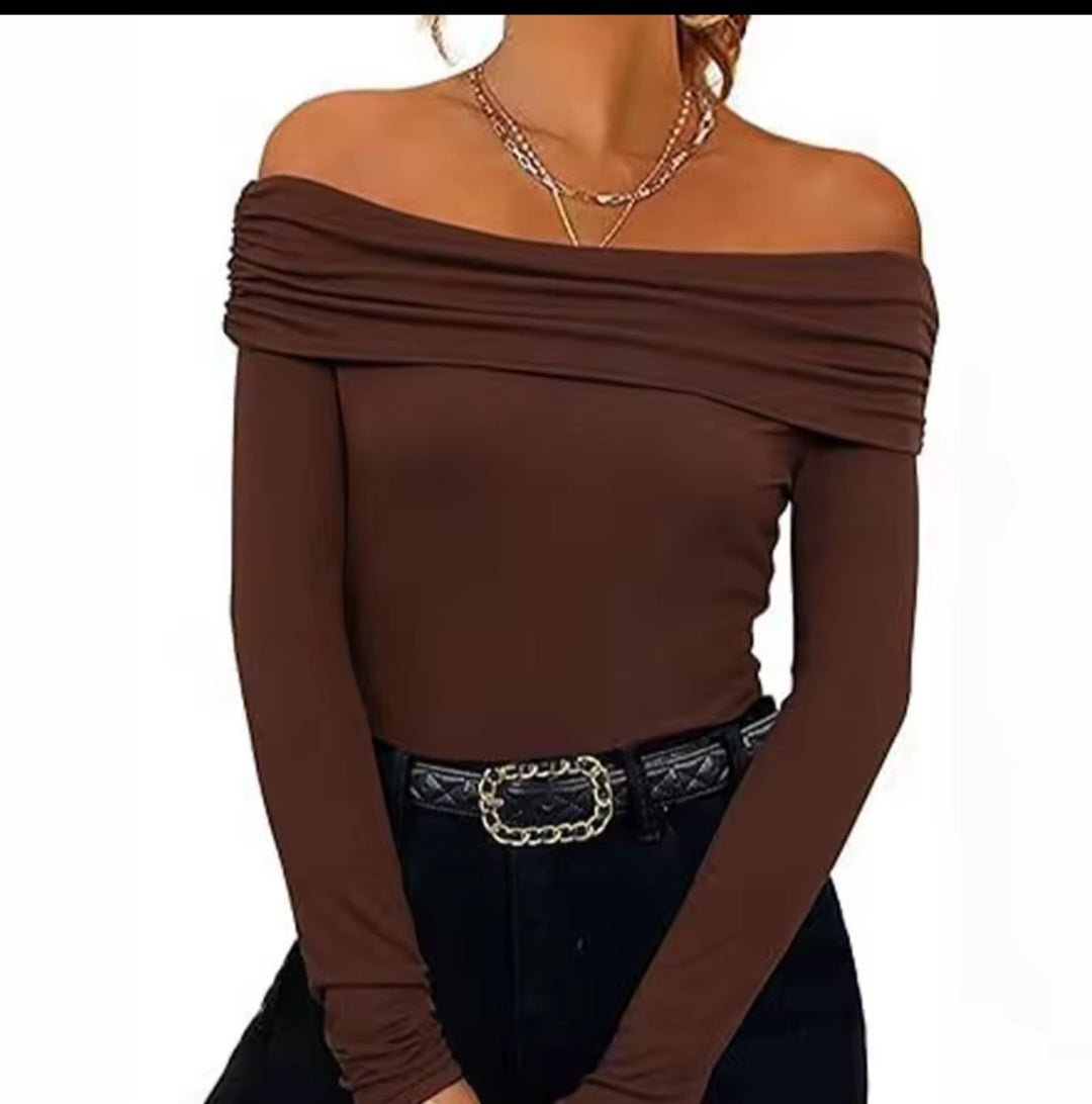 Off - Shoulder Long Sleeve Slim Blouse – Women's Bardot Fitted Top - GLITCH - BELLE
