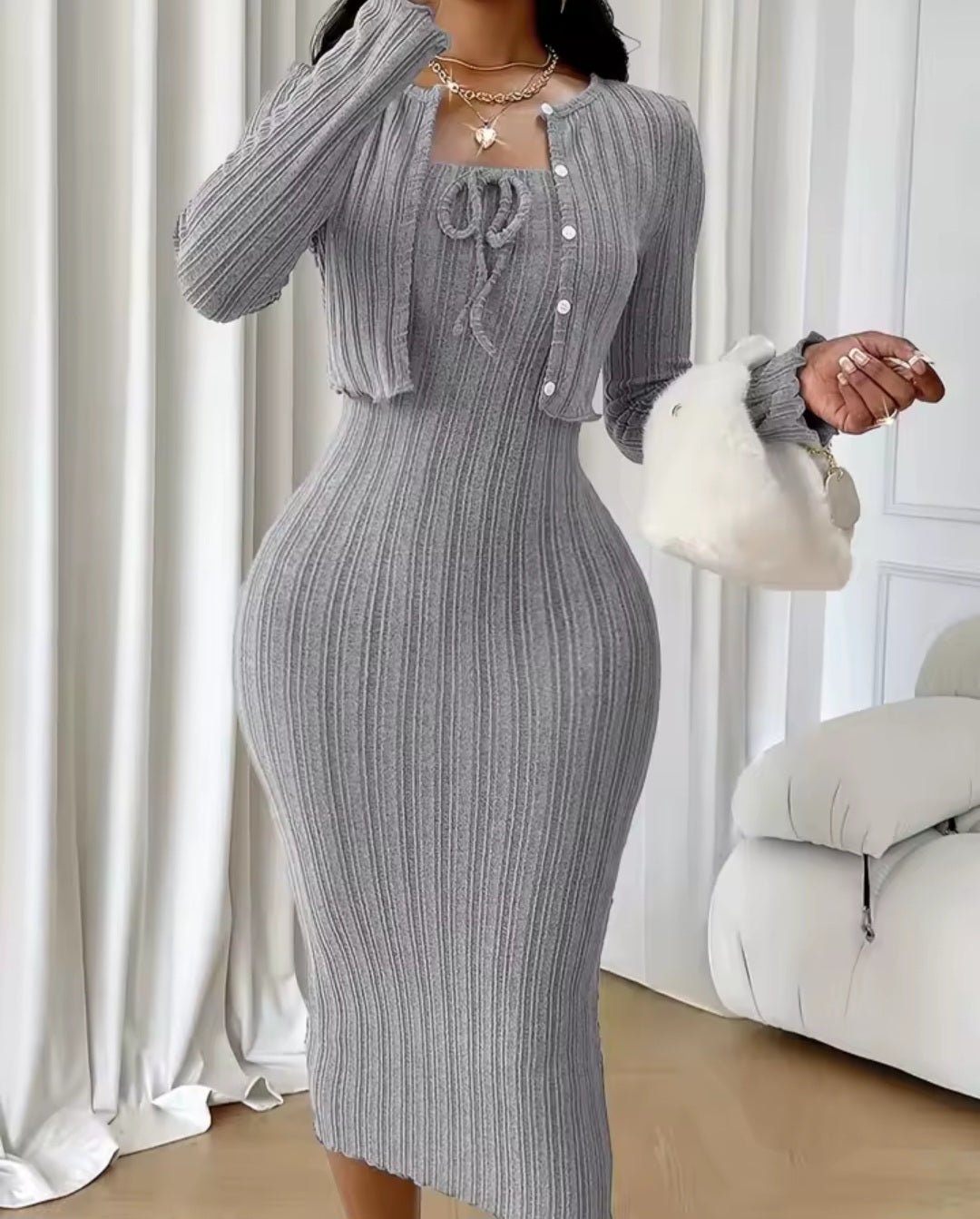 Slim Knitted Coat & Dress 2 - Piece Set – Women's Autumn Winter New Fashion Suit - GLITCH - BELLE