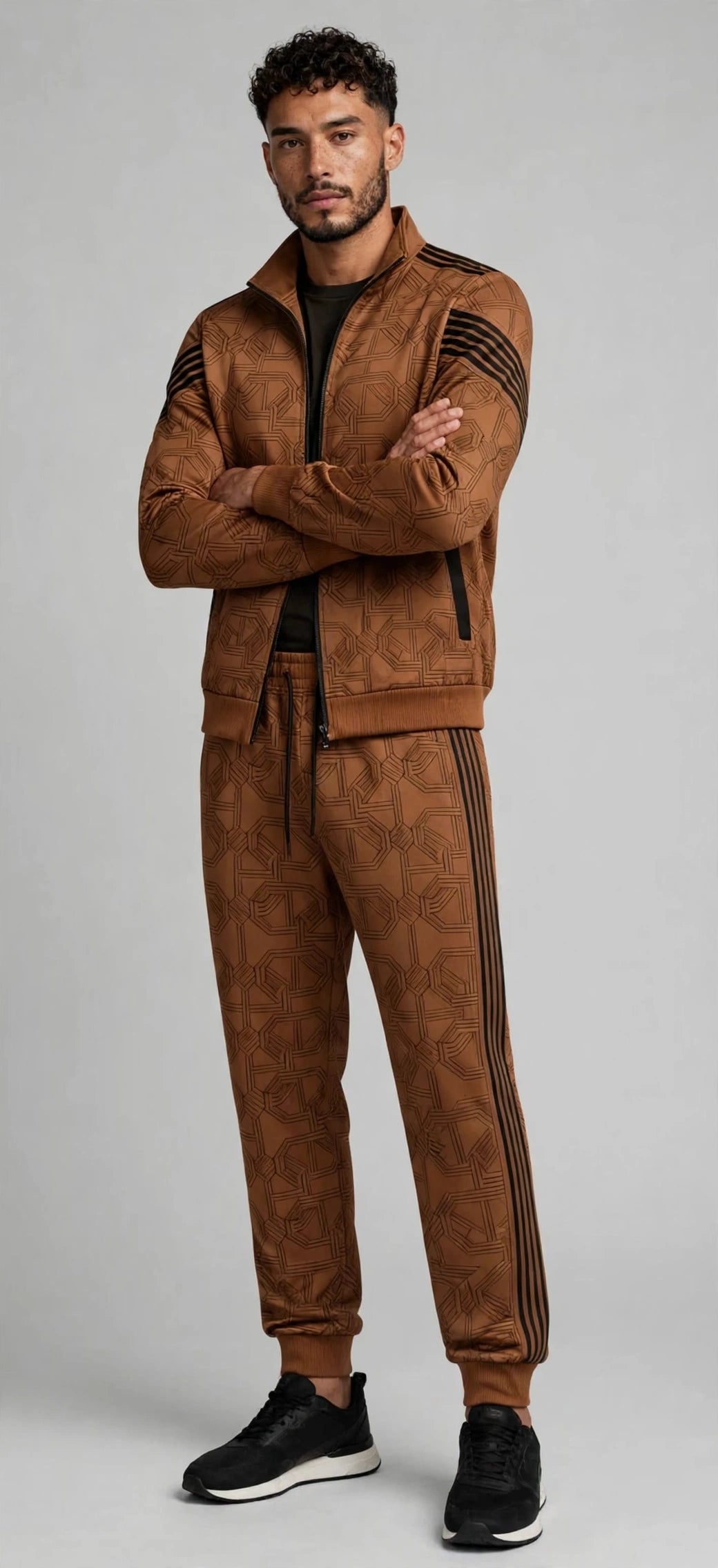 Men's Premium Urban Tracksuit Set – Stand Collar, Geometric Pattern, Plus Size