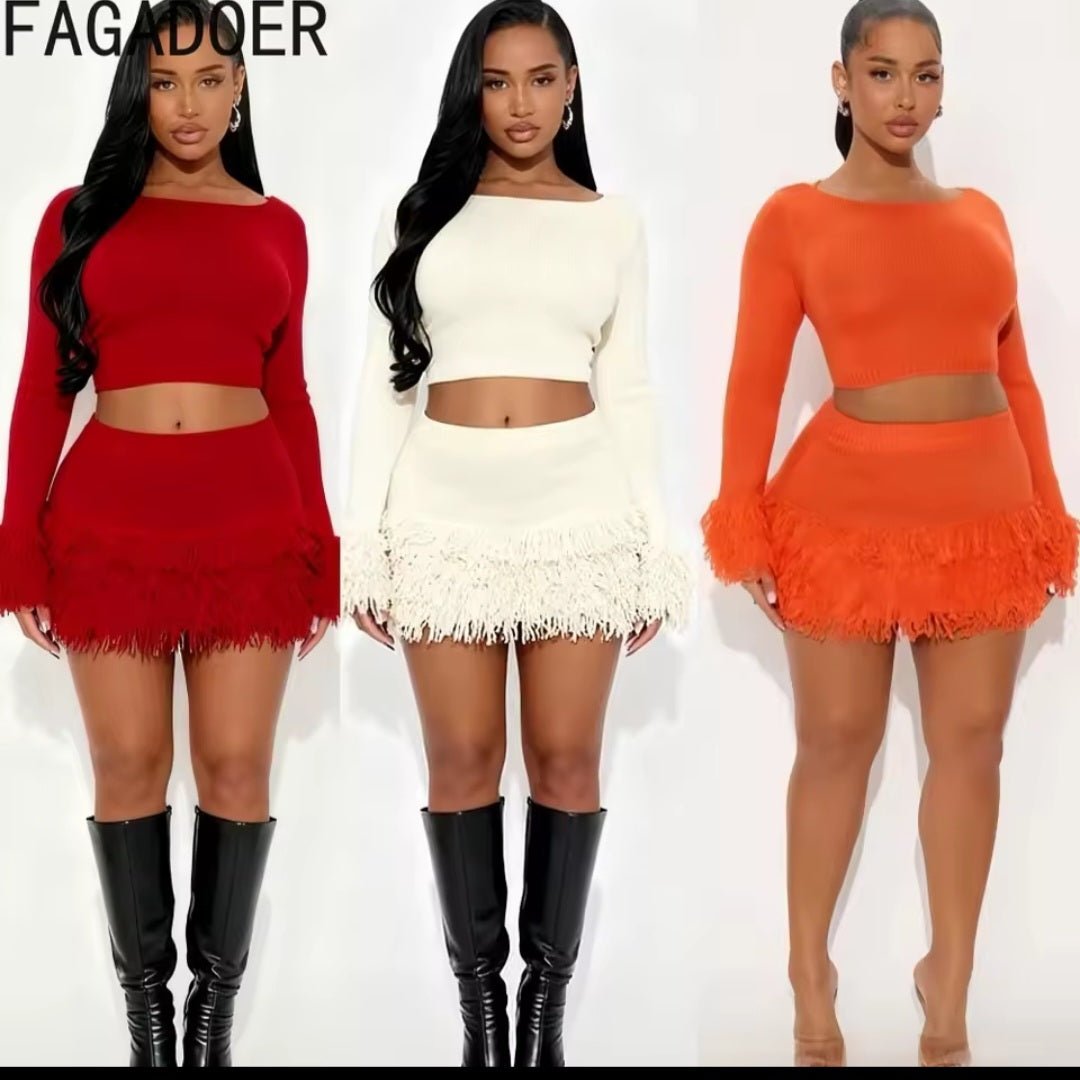 Winter Tassel 2 - Piece Set – Long Sleeve Crop Top & Mini Skirt Streetwear Outfit - GLITCH - BELLE