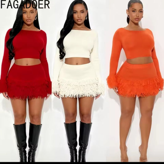Winter Tassel 2-Piece Set – Long Sleeve Crop Top & Mini Skirt Streetwear Outfit