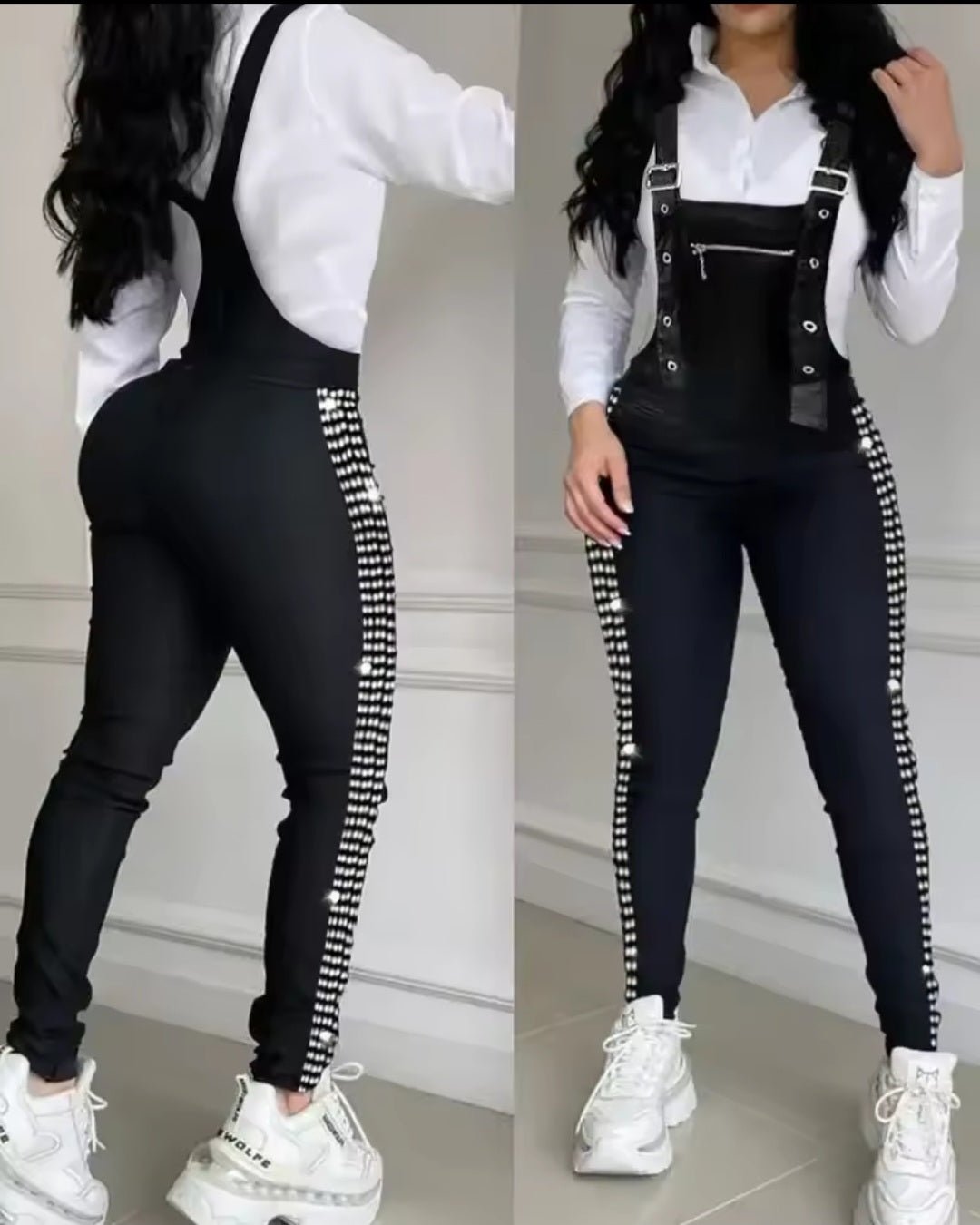 Women's Rhinestone Buckled Suspender Jumpsuit - GLITCH - BELLE