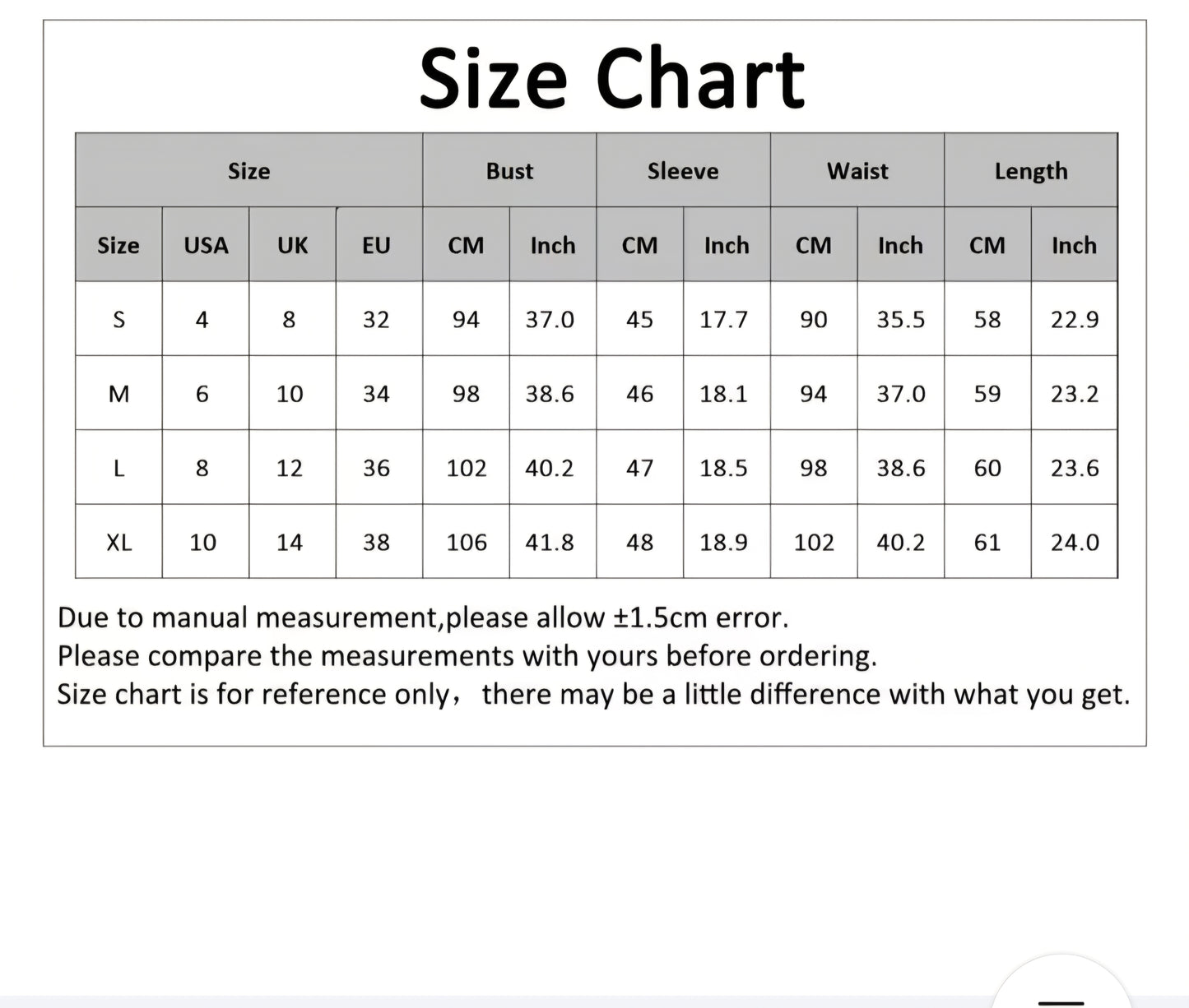 Size chart for clothing measurements in various units
