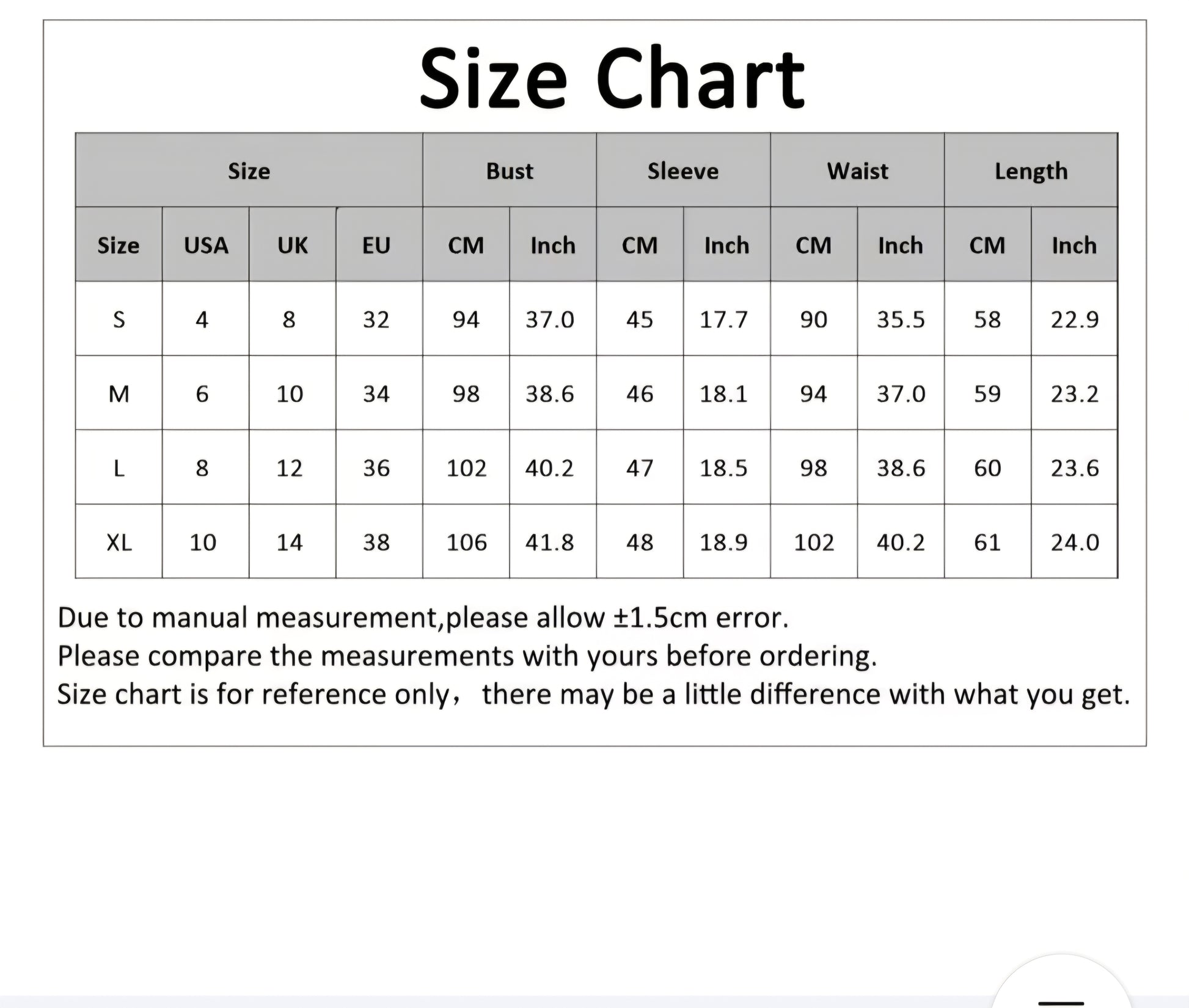 Size chart for clothing measurements in various units
