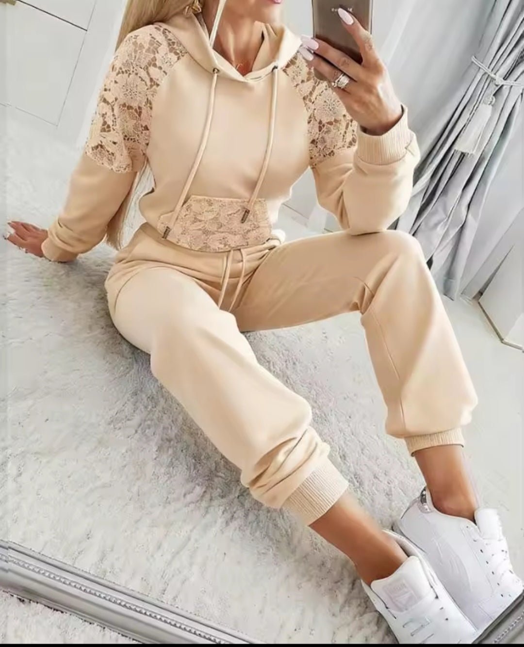 Women's Guipure Lace Spliced Hoodie Sweatshirt & Jogger Sweatpants 2 - Piece Set - GLITCH - BELLE