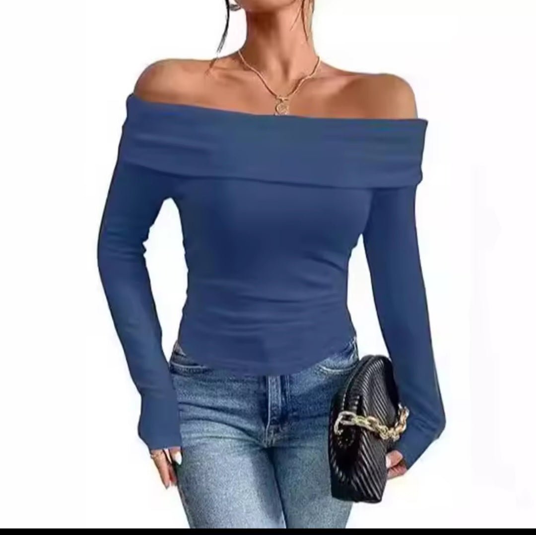 Off - Shoulder Long Sleeve Slim Blouse – Women's Bardot Fitted Top - GLITCH - BELLE