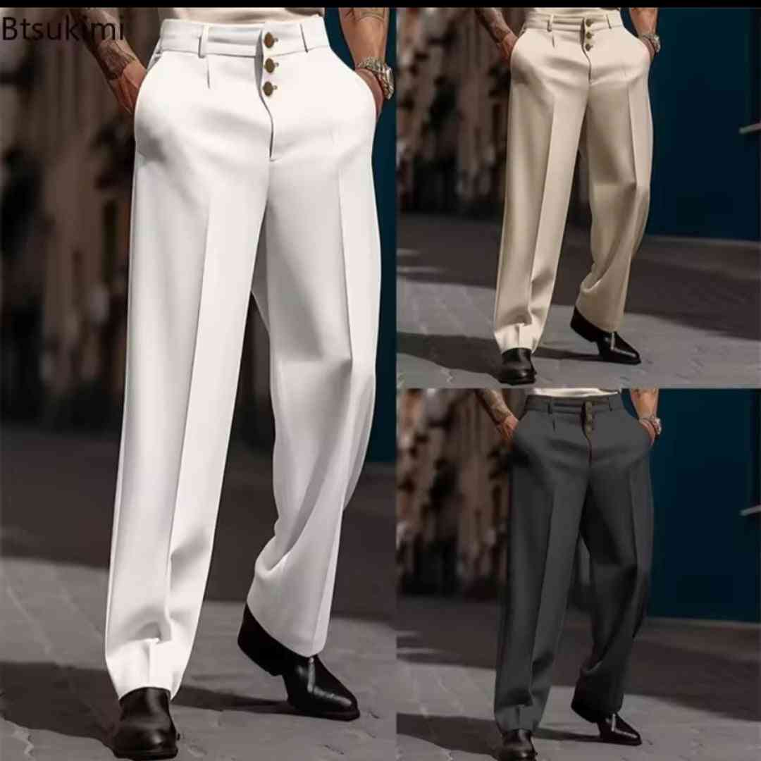 Men's Formal Straight - Leg Dress Pants – Three - Button Solid Trousers - GLITCH - BELLE