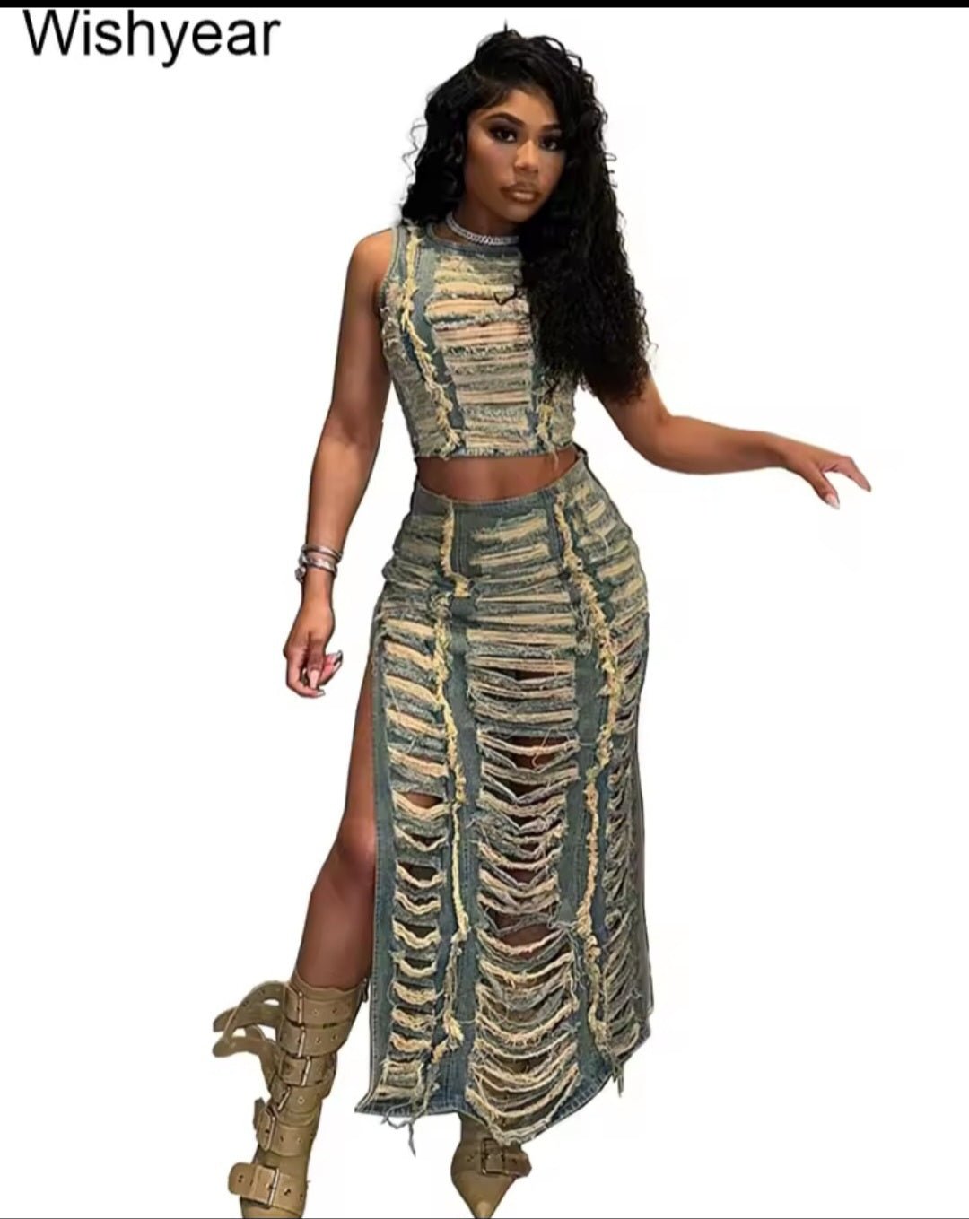 Y2K Ripped Hole Denim 2 - Piece Set – Sleeveless Crop Top & Side Slit Skirt - GLITCH - BELLE