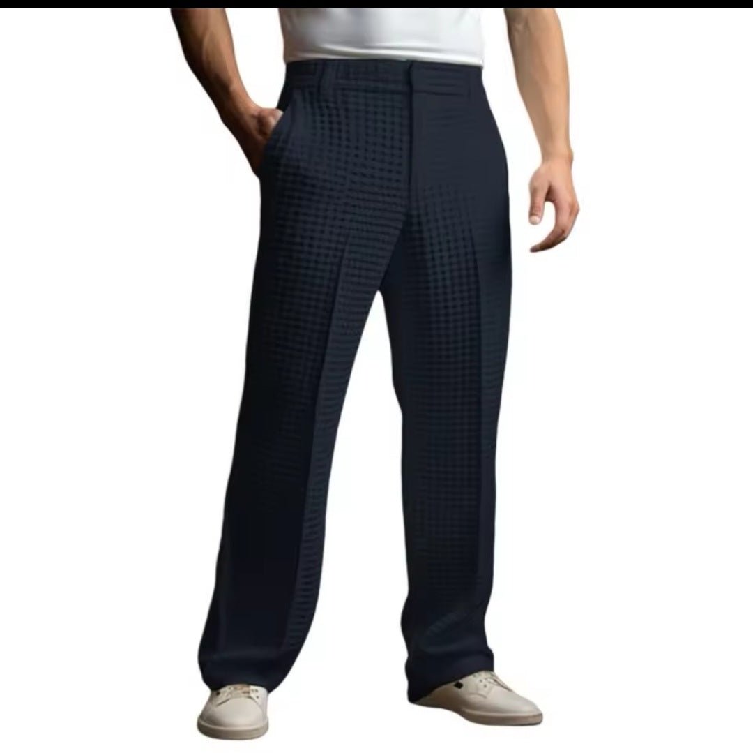 Men's Elegant Waffle Suit Pants – Solid Loose Straight Trousers | Business Casual & Vacation - GLITCH - BELLE