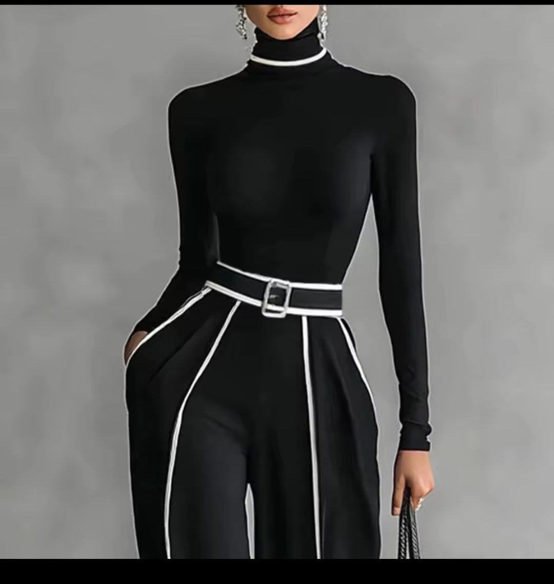 Spring Women's Color Matching Two - Piece Set – High Neck Slim Top & Wide - Leg Pants Suit - GLITCH - BELLE