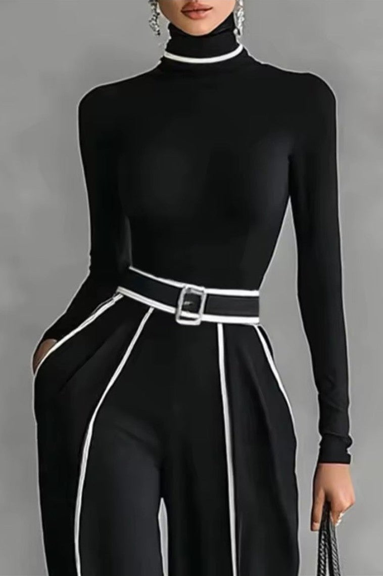 Spring Women's Color Matching Two-Piece Set – High Neck Slim Top & Wide-Leg Pants Suit - GLITCH-BELLE