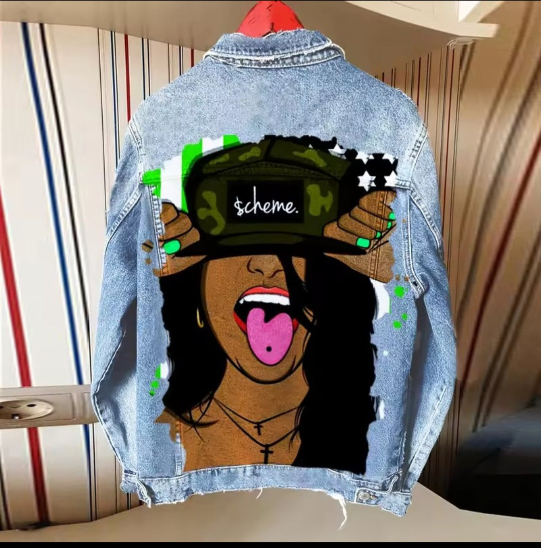 Denim jacket with a graphic design of a person wearing a cap on a striped background