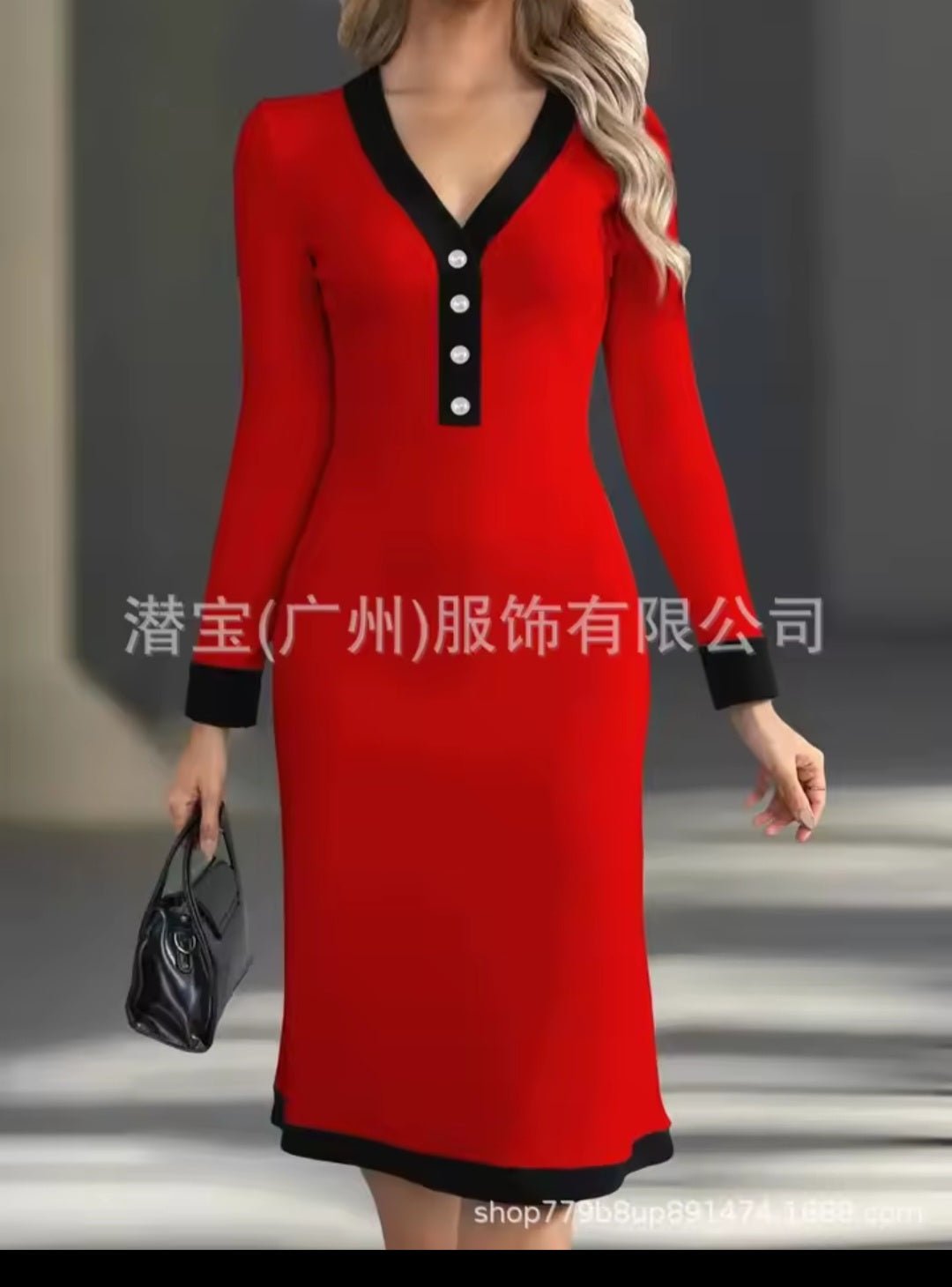 Color - Block Button V - Neck Long Sleeve Slim Maxi Dress – Women's Elegant Office Dress 2026 - GLITCH - BELLE