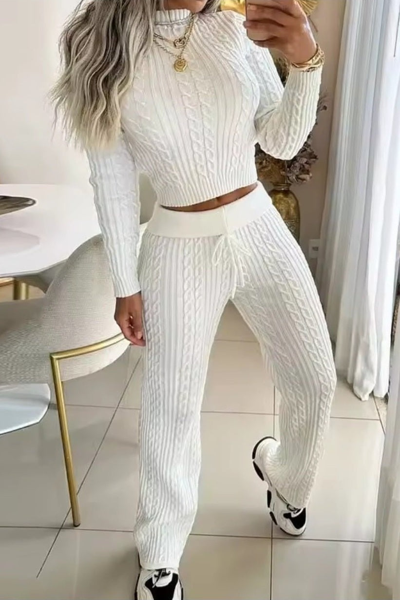 Knitted Women's Slim Long Slee Sweater 2-Piece Set –ve Crop Top & Pants Suit - GLITCH-BELLE