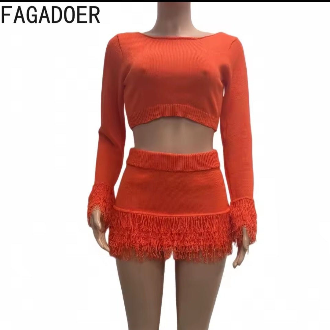 Winter Tassel 2 - Piece Set – Long Sleeve Crop Top & Mini Skirt Streetwear Outfit - GLITCH - BELLE