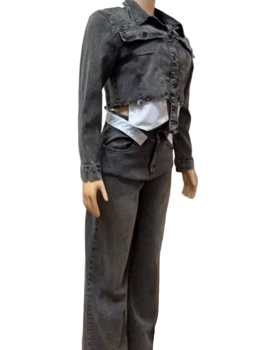 Streetwear Denim 2 - Piece Tracksuit Set | Long Sleeve Jacket & Straight - Leg Jeans - GLITCH - BELLE