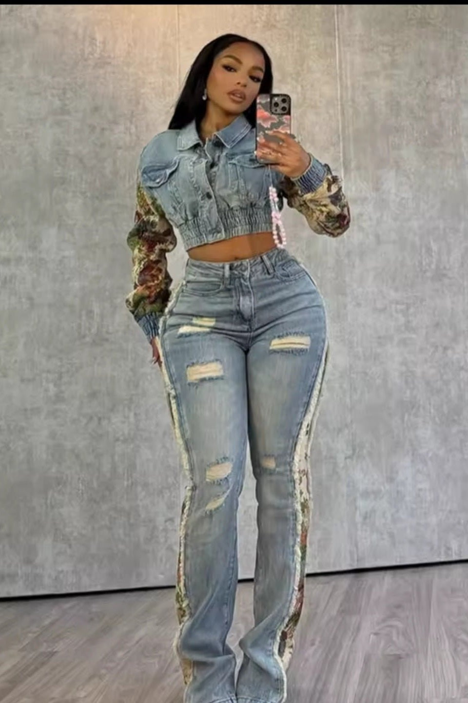 GLITCH-BELLE Women's Flower Print Y2K Denim Two-Piece Jeans Suit - GLITCH-BELLE