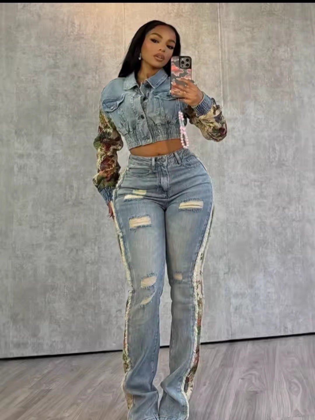 Jeans Suit Women Denim Two Piece Set Flower Print Y2K - GLITCH - BELLE