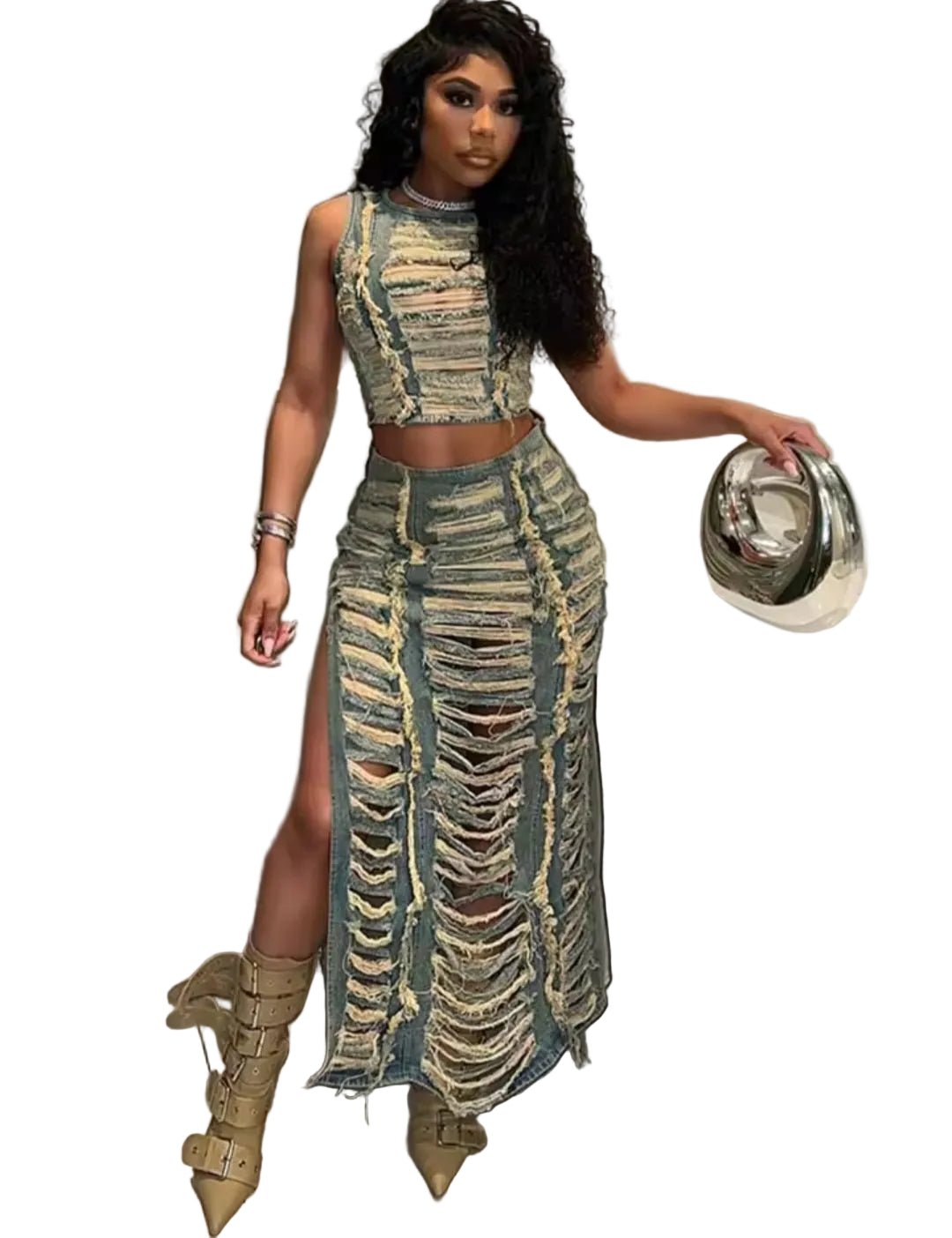 Y2K Ripped Hole Denim 2 - Piece Set – Sleeveless Crop Top & Side Slit Skirt - GLITCH - BELLE