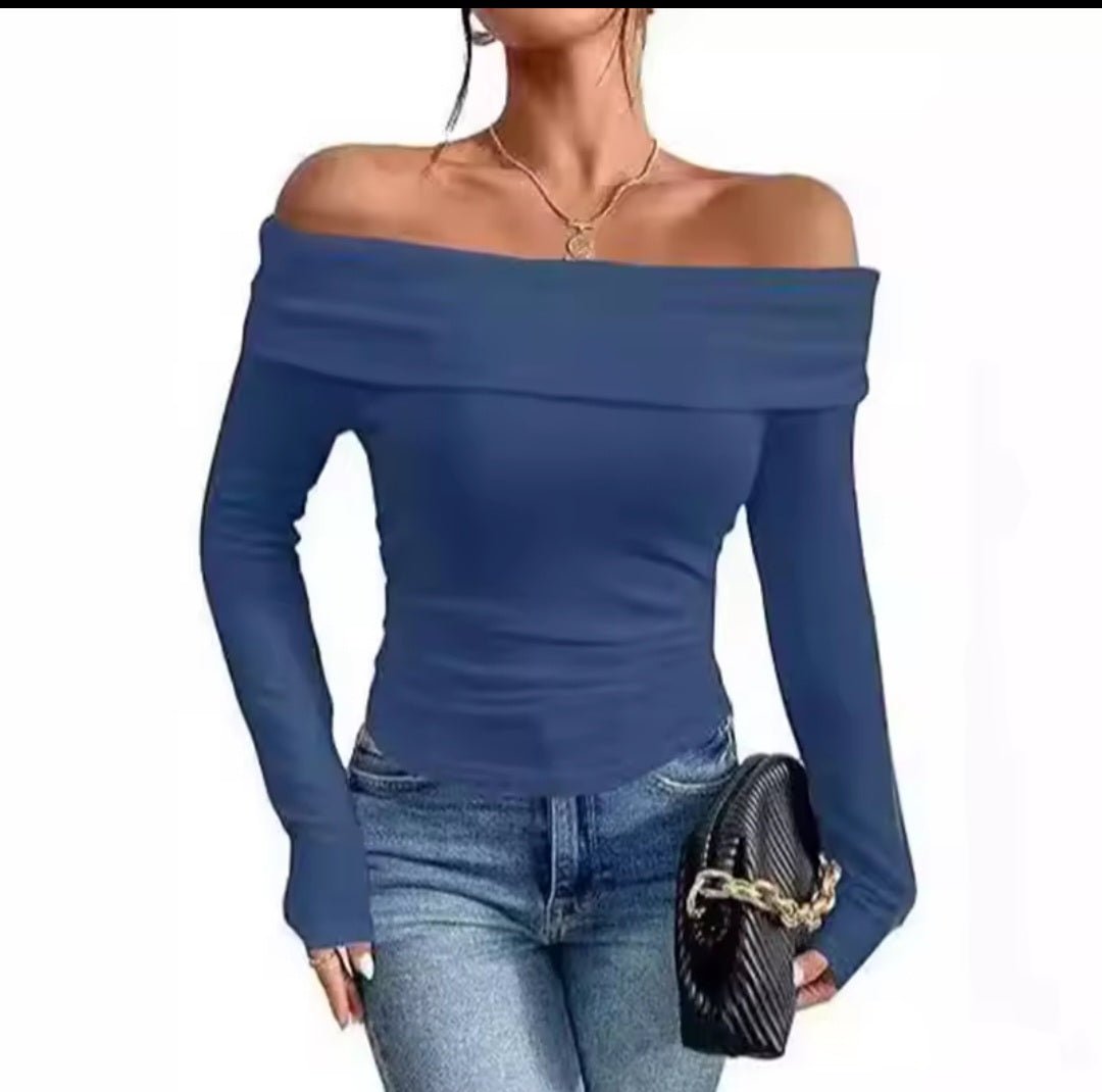Off - Shoulder Long Sleeve Slim Blouse – Women's Bardot Fitted Top - GLITCH - BELLE