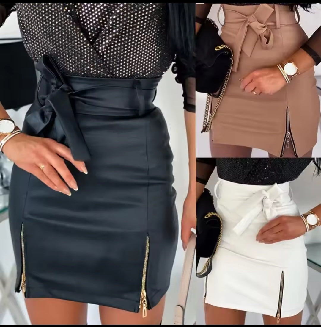 Collage of three images showing black, beige, and white skirts with belt details.