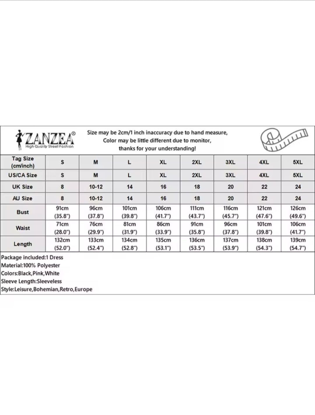 ZANZEA size chart for clothing with measurements in centimeters and inches.