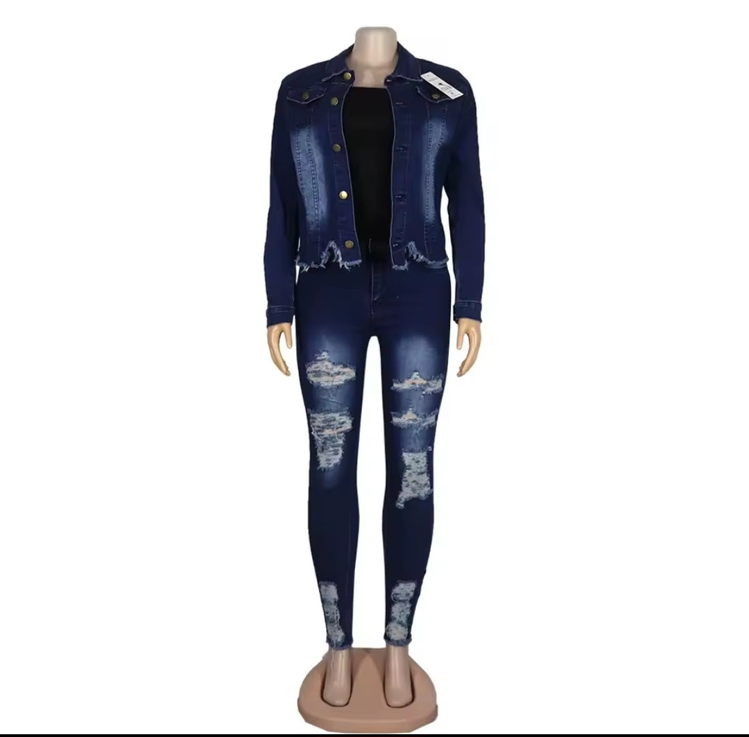 Blue denim jacket and pants on a mannequin against a white background