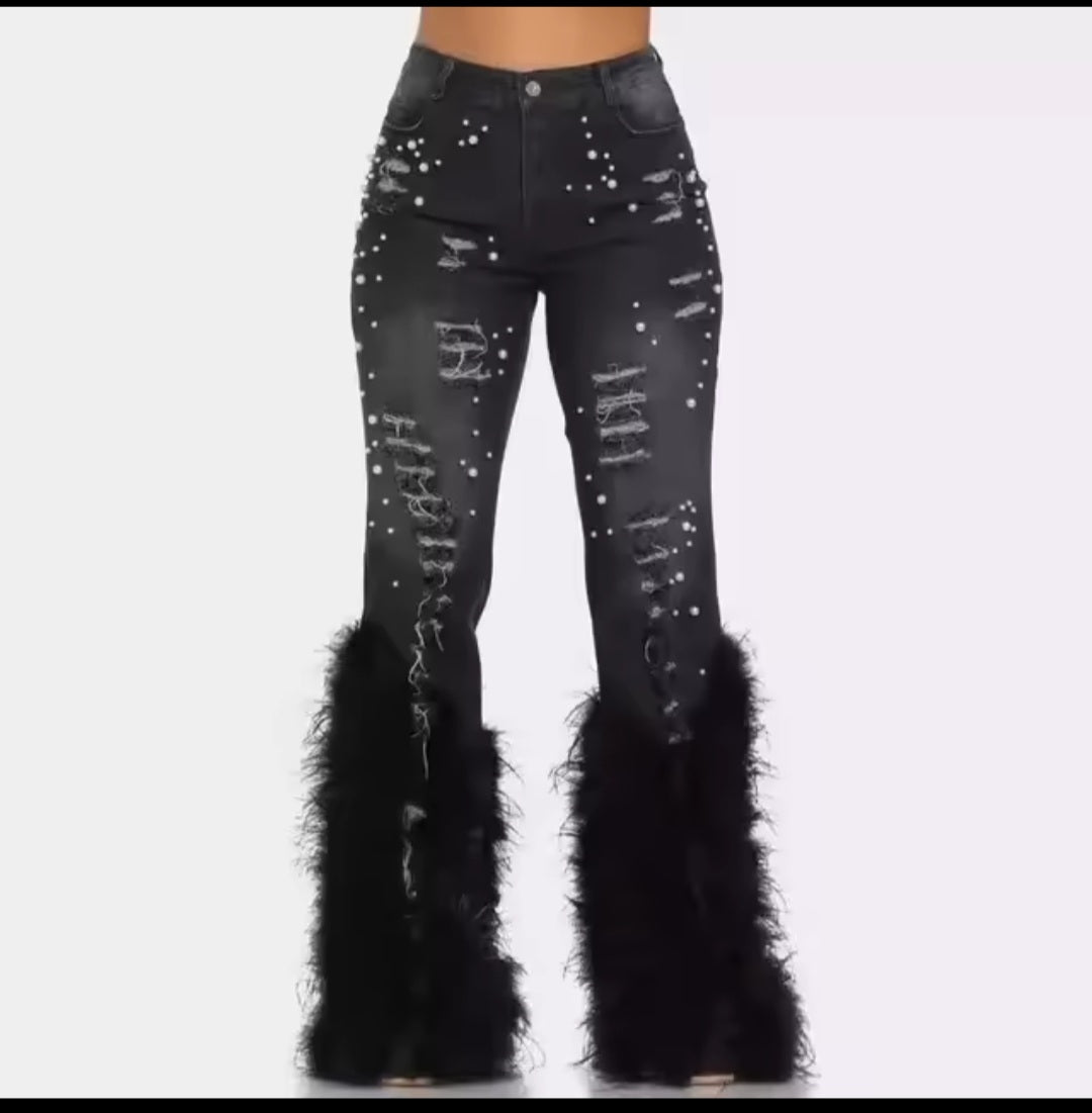 Women's Feather Hem Distressed Denim – Y2K High Waist Flare Jeans