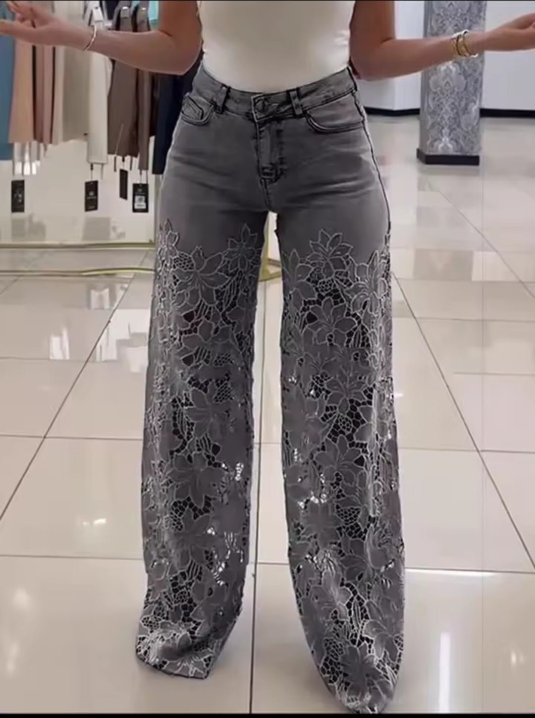 Women's Lace Cut - Out High Waist Wide Leg Denim Pants - GLITCH - BELLE