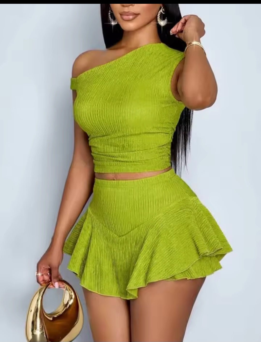 Ruffle Skirt Two-Piece Set – One Shoulder Crop Top & Mini Skirt - GLITCH-BELLE