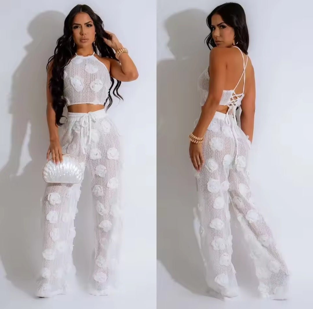 Sexy Crop Mesh Tops Two Piece Pant Set – Women's Y2K Streetwear Elegant Flower Summer Outfit - GLITCH - BELLE