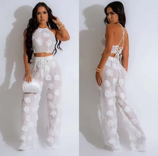 Sexy Crop Mesh Tops Two Piece Pant Set – Women's Y2K Streetwear Elegant Flower Summer Outfit - GLITCH - BELLE