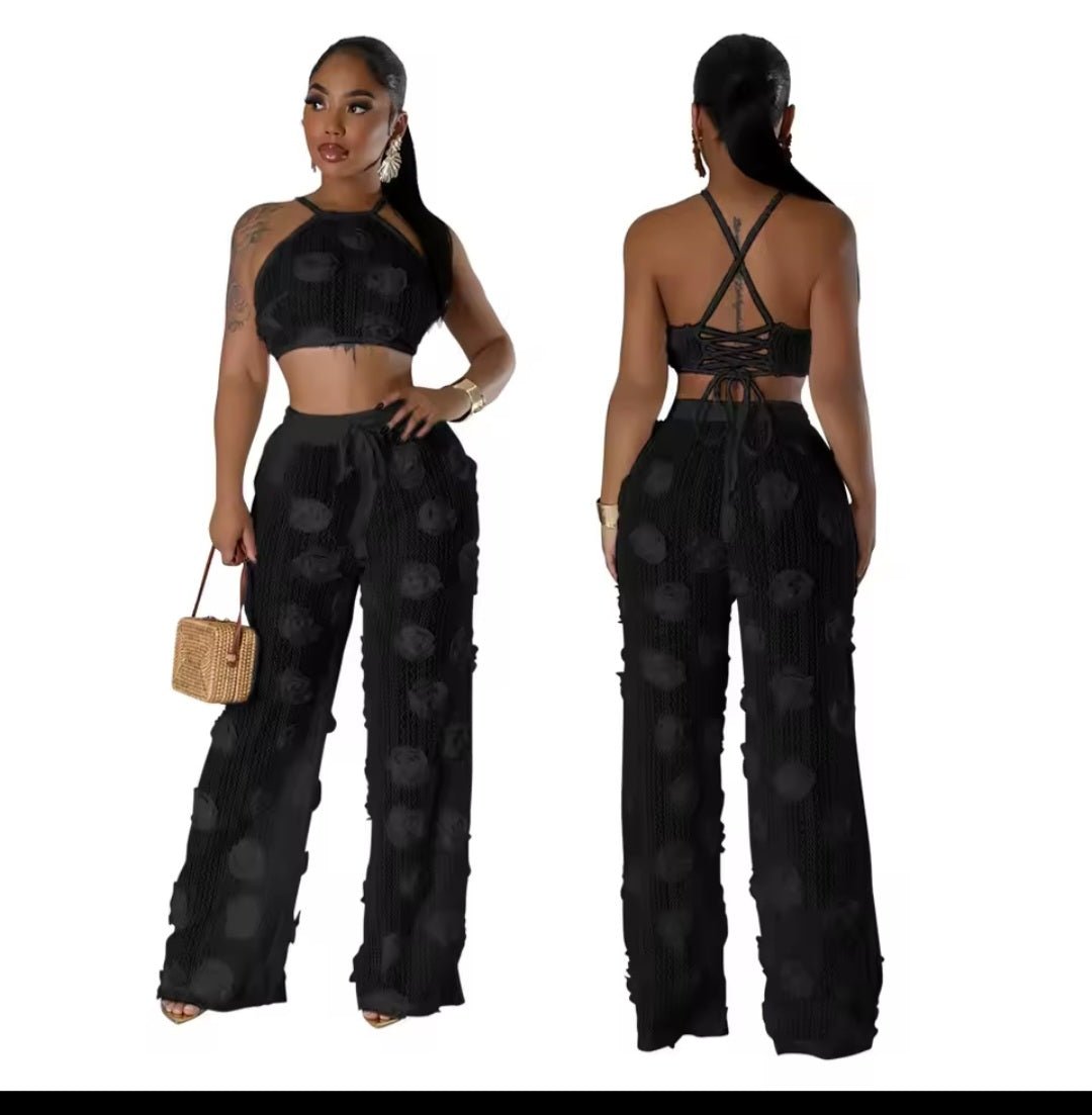 Sexy Crop Mesh Tops Two Piece Pant Set – Women's Y2K Streetwear Elegant Flower Summer Outfit - GLITCH - BELLE