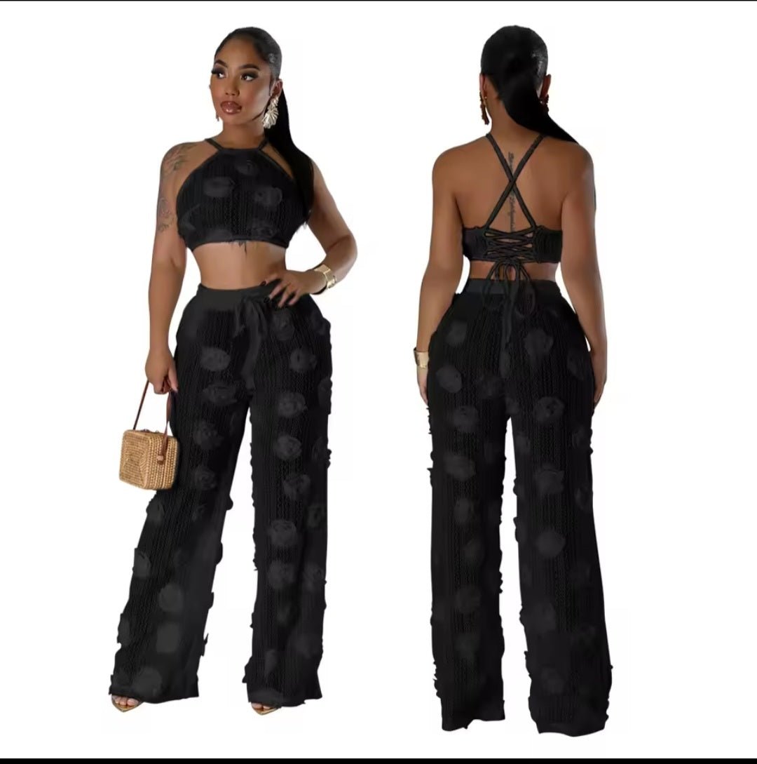 Sexy Crop Mesh Tops Two Piece Pant Set – Women's Y2K Streetwear Elegant Flower Summer Outfit - GLITCH - BELLE