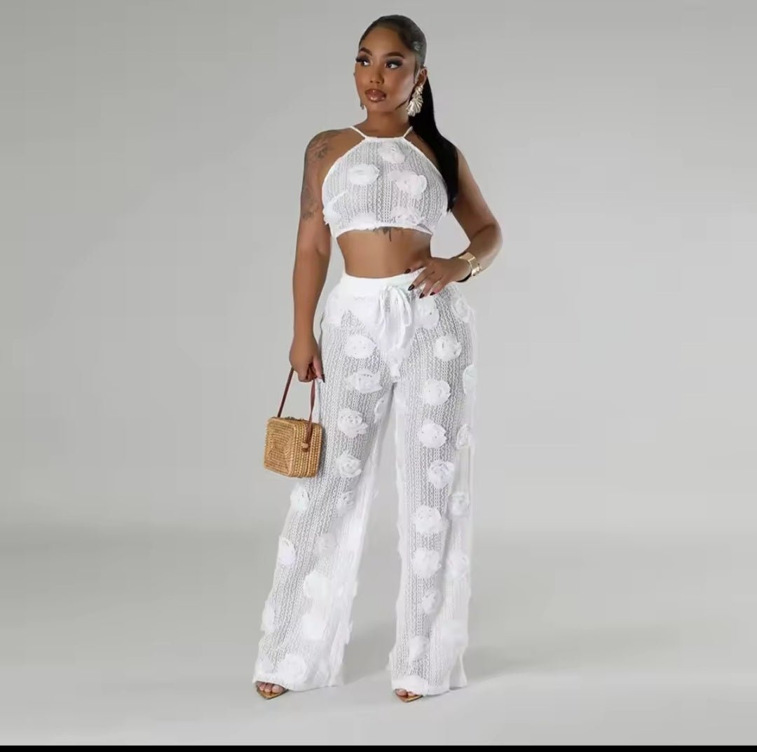 Sexy Crop Mesh Tops Two Piece Pant Set – Women's Y2K Streetwear Elegant Flower Summer Outfit - GLITCH - BELLE