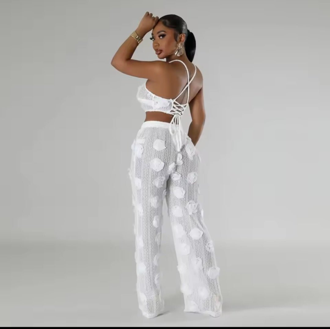 Sexy Crop Mesh Tops Two Piece Pant Set – Women's Y2K Streetwear Elegant Flower Summer Outfit - GLITCH - BELLE