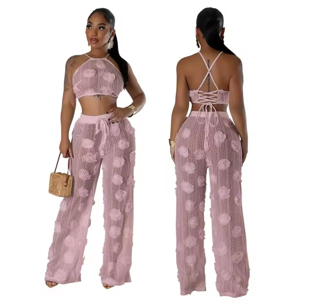 Sexy Crop Mesh Tops Two Piece Pant Set – Women's Y2K Streetwear Elegant Flower Summer Outfit - GLITCH - BELLE