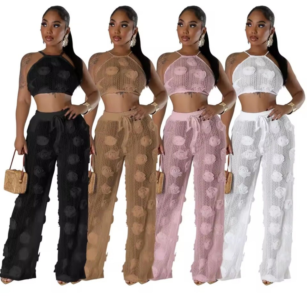 Sexy Crop Mesh Tops Two Piece Pant Set – Women's Y2K Streetwear Elegant Flower Summer Outfit - GLITCH - BELLE